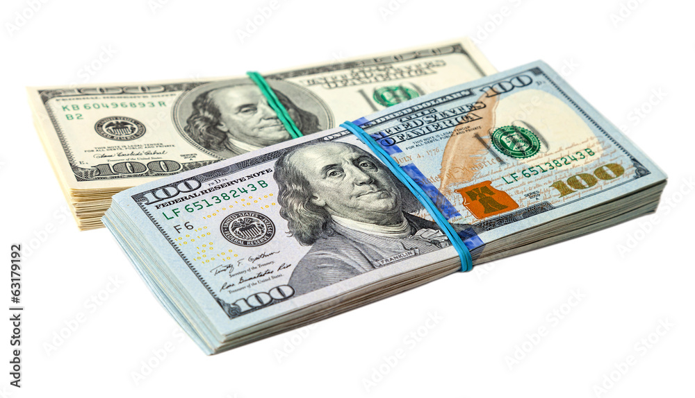 Pile of one hundred dollar bills isolated on white background Pile of one hundred dollar bills isolated on white background