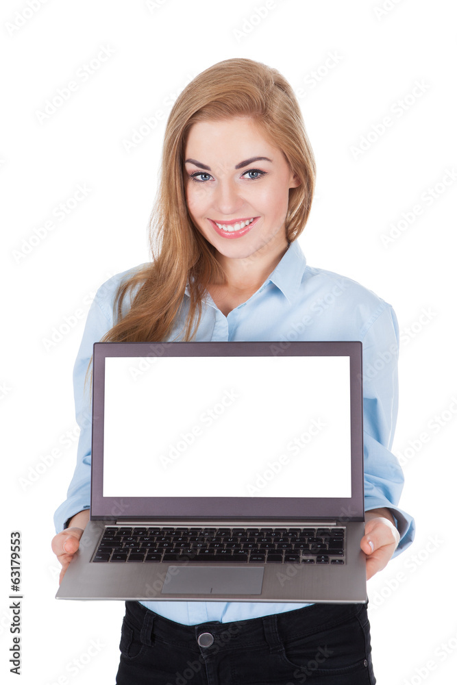 Smiling Woman Holding Laptop