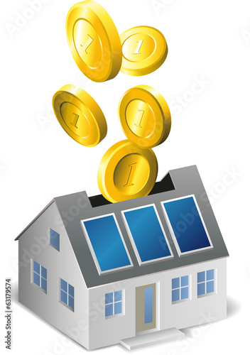 Haus mit Münzen als Spardose mit Solar