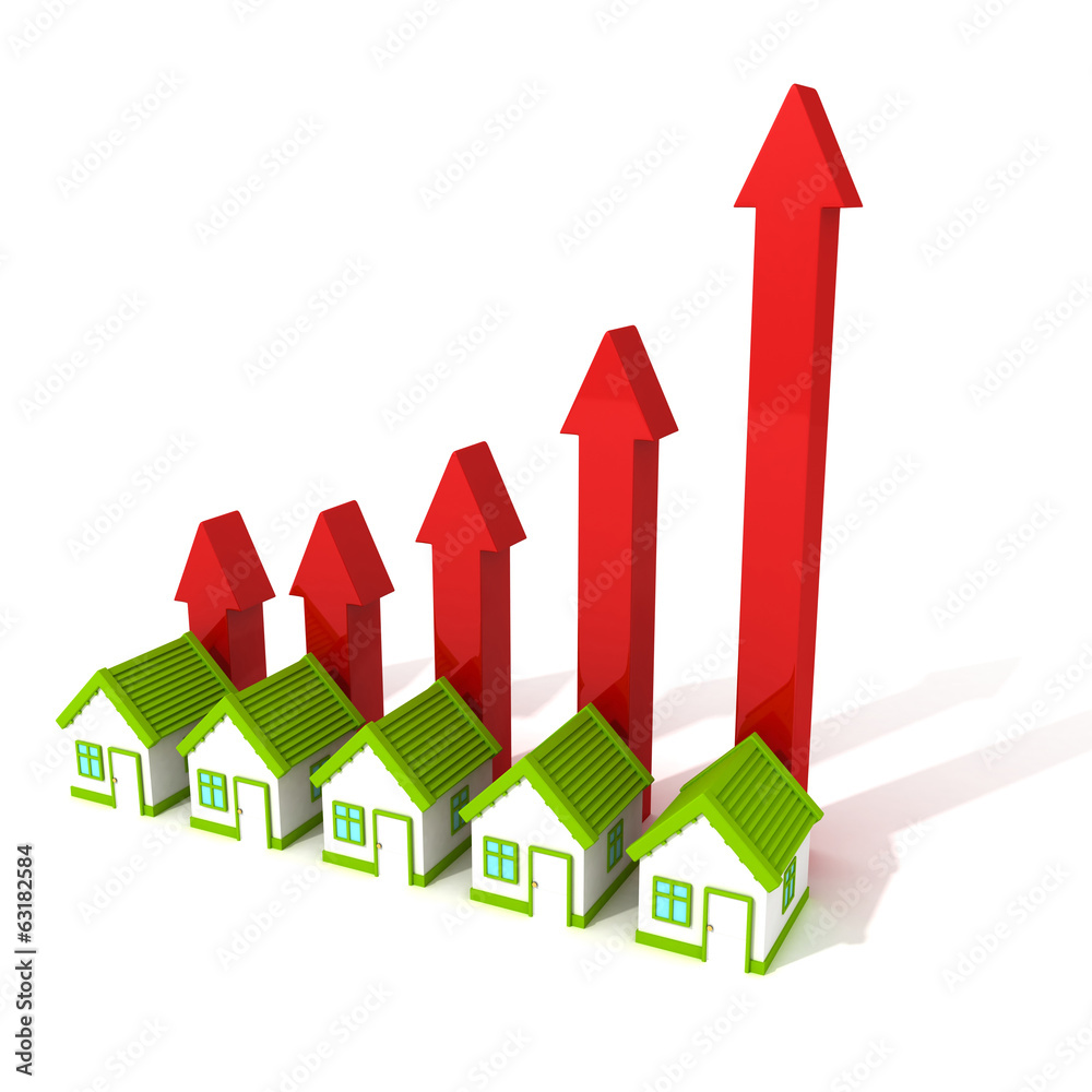 Rising real estate price concept house arrows bar chart Rising real estate price concept house arrows bar chart