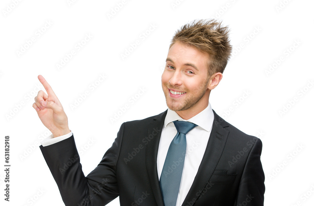 Half-length portrait of manager pointing hand gesture Half-length portrait of manager pointing hand gesture