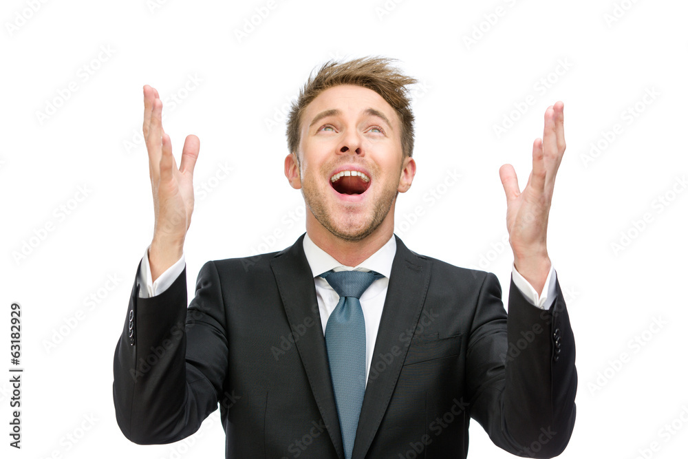Half-length portrait of manager praying with hands up Half-length portrait of manager praying with hands up