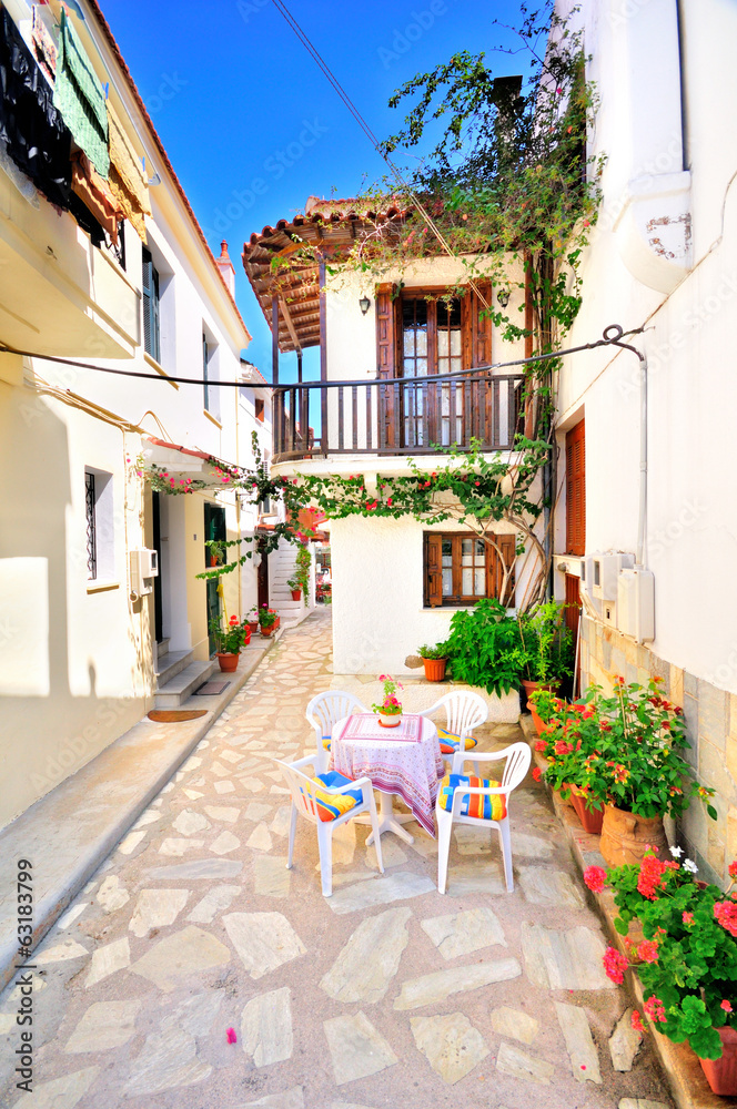 Narrow streets of Chora, Skiathos island, Greece