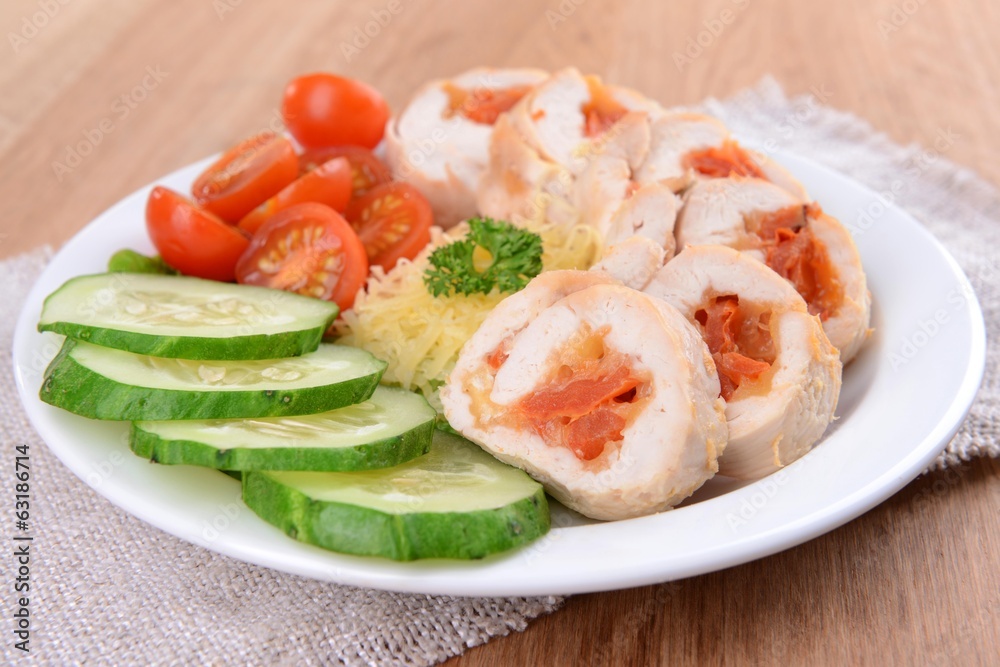 Delicious chicken roll on plate on table close-up Delicious chicken roll on plate on table close-up