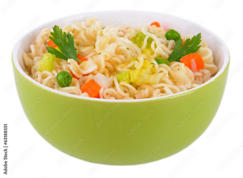 Tasty instant noodles with vegetables in bowl isolated on white Tasty instant noodles with vegetables in bowl isolated on white