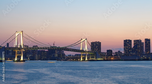 view of tokyo bay with rainbow bridge at sunset time