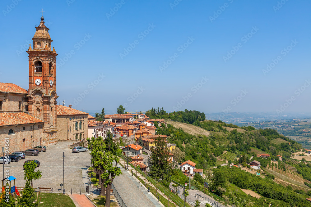 Church and hills of Piedmont, Italy.