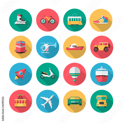 Vector transport icons in flat style with long shadow effect