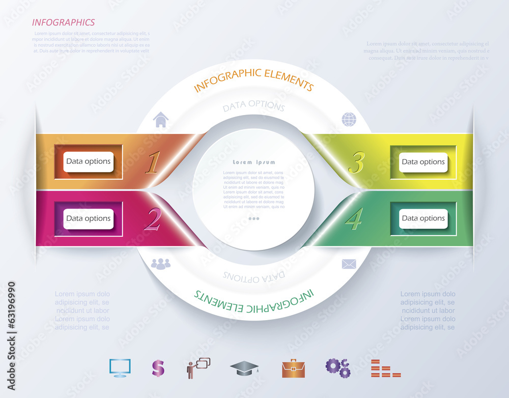 Abstract infographic design with white circle and color ribbons. Abstract infographic design with white circle and color ribbons.