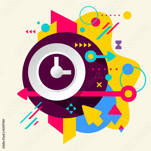 Clock on abstract colorful spotted background with different ele