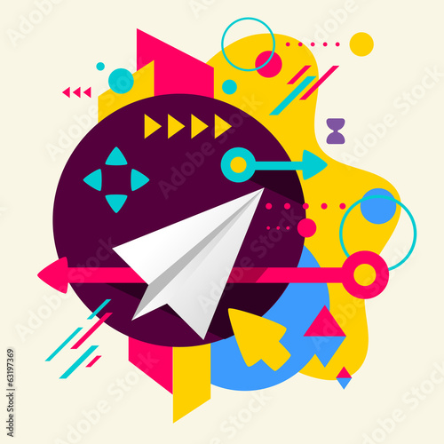 Paper airplane on abstract colorful spotted background with diff