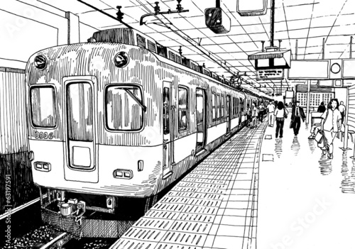 Japan metro train station platform in Osaka drawing ink sketch s
