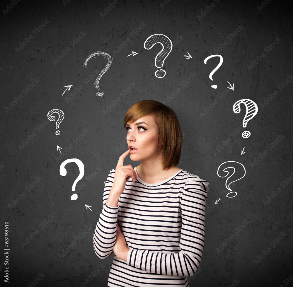 Young woman thinking with question mark circulation around her h Stock ...