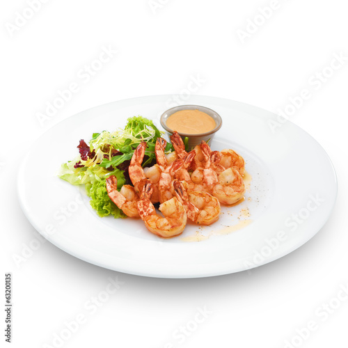  Delicious healthy cooked royal shrimps. Isolated on white