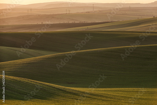 Rolling hills of green wheat fields.
