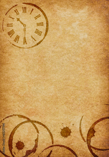 Coffee Stains & Clock Vellum Parchment Background