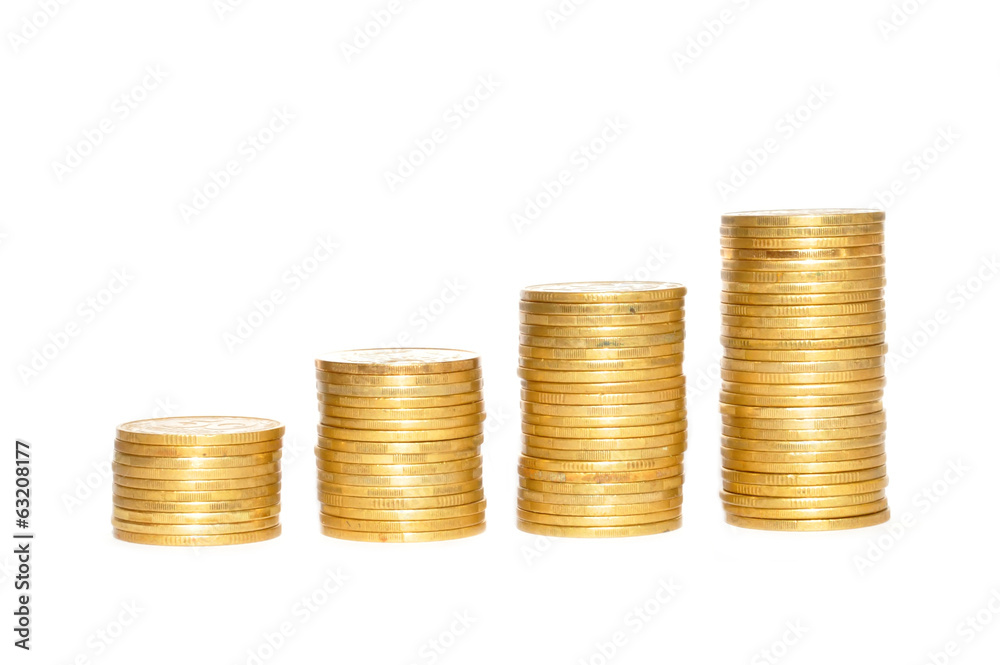 Savings, increasing columns of gold coins isolated on white back Savings, increasing columns of gold coins isolated on white back