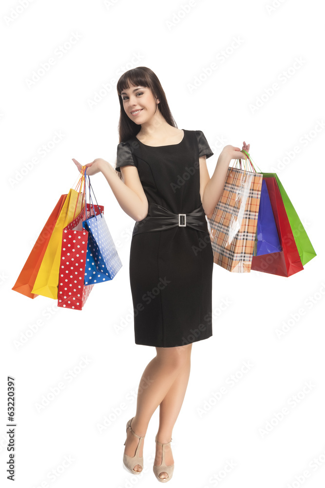 Shopping Concept: Happy Smiling Cacuasian Woman with Shopping Ba Shopping Concept: Happy Smiling Cacuasian Woman with Shopping Ba