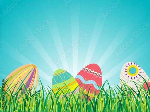 Easter Eggs on Glasses with Blue Sky Background