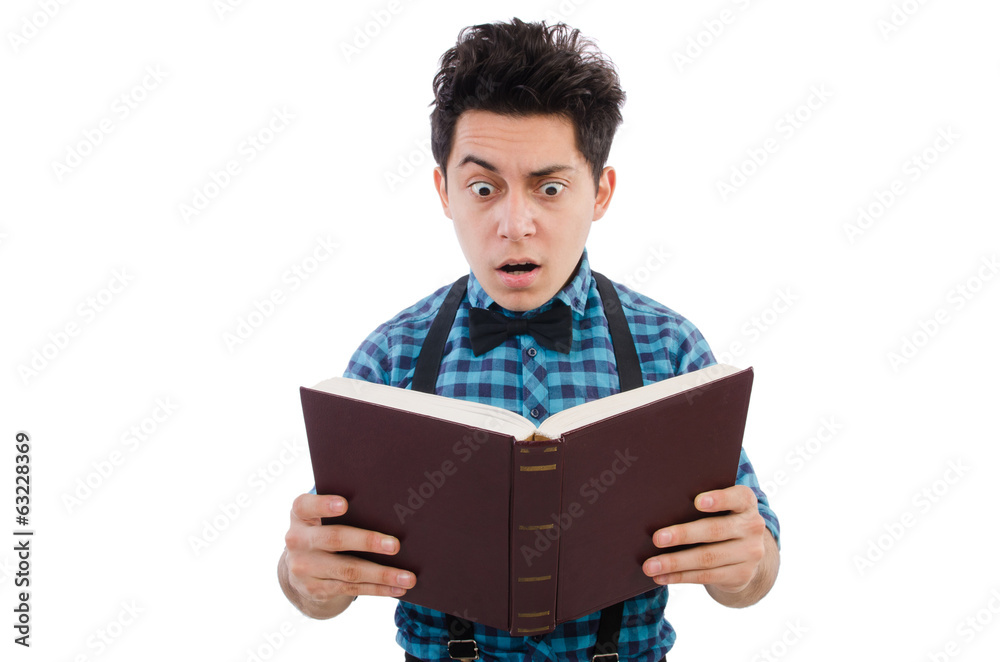 Funny student with books on white Funny student with books on white