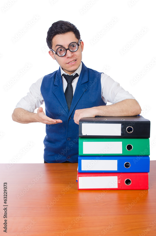 Funny man with lots of folders on white