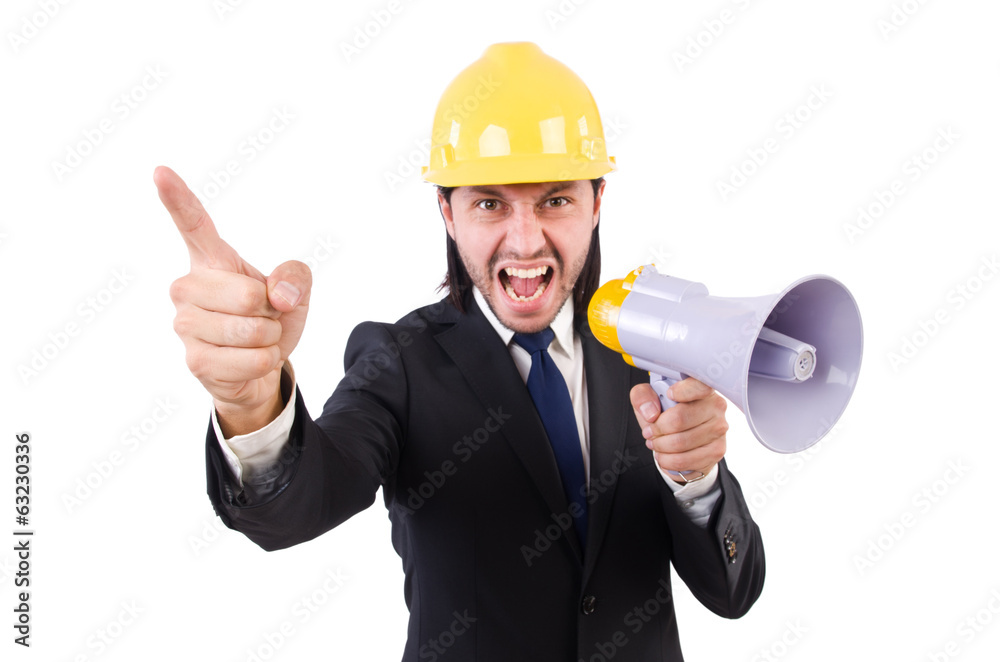 Man with helmet and loudspeaker on white Man with helmet and loudspeaker on white