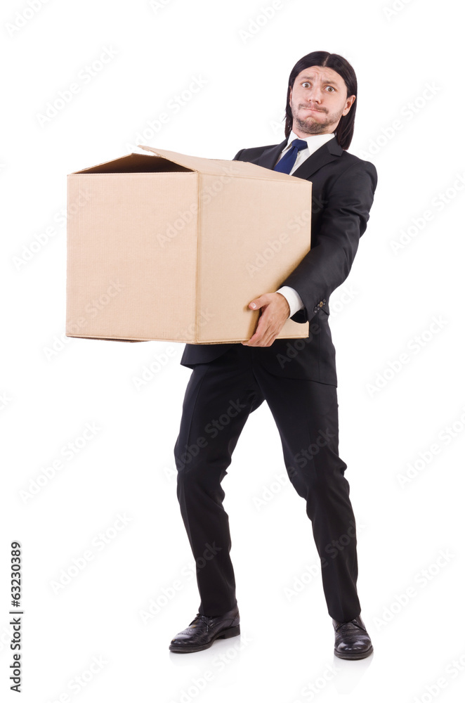 Funny man with boxes on white Funny man with boxes on white