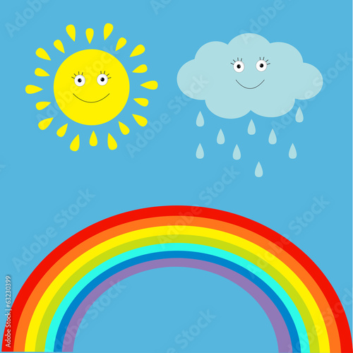 Cartoon sun  cloud with rain and rainbow set.  Children funny il