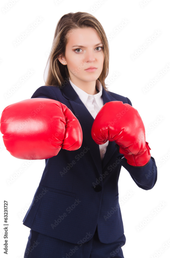Woman businesswoman with boxing gloves on white Woman businesswoman with boxing gloves on white