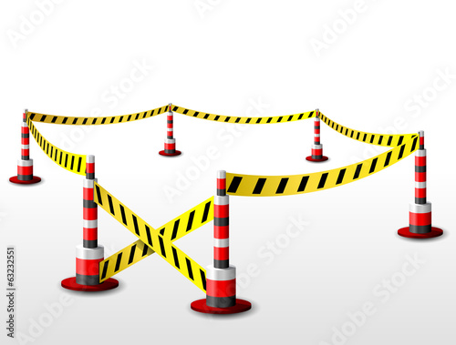 Empty fenced restricted area. Zone with barrier tape and bollard