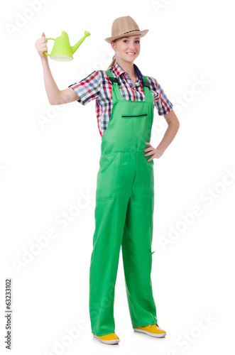 Woman with watering can on white