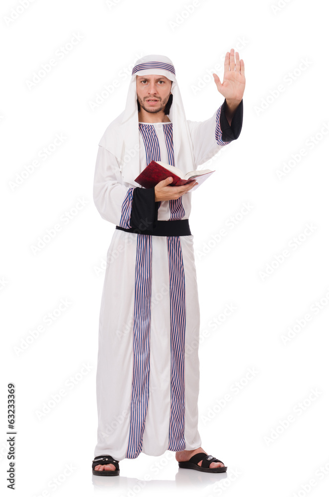 Arab man with book isolated on white