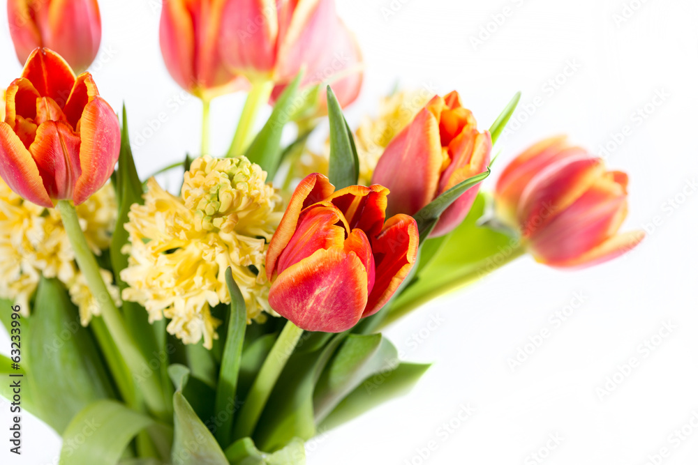 Bouquet of yellow hyacinths and red tulips Bouquet of yellow hyacinths and red tulips