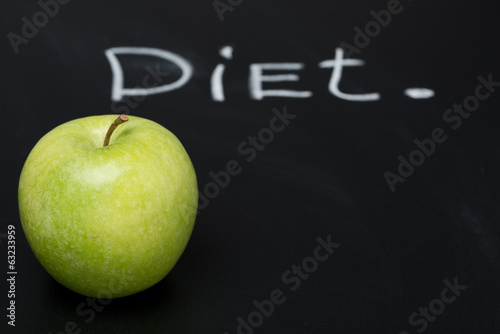 green apple on a dark background and the word diet