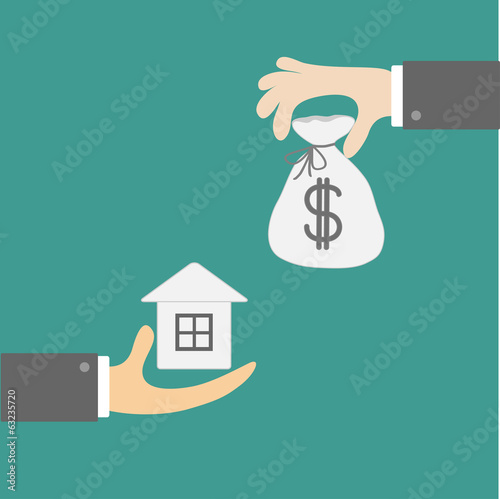 Hands with house and money bag. Exchanging concept. Flat design