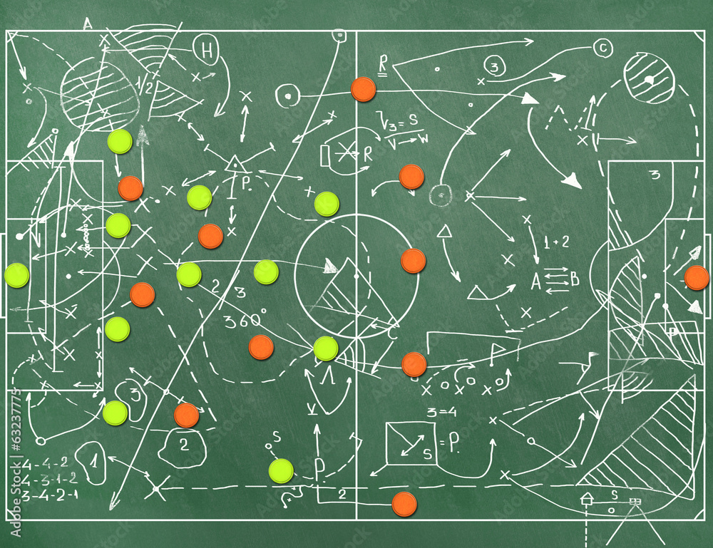 Naklejka premium Football field with markings coaching setting for the game