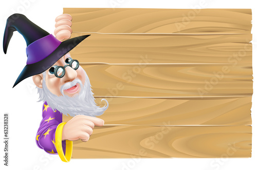 Wizard pointing at wood sign