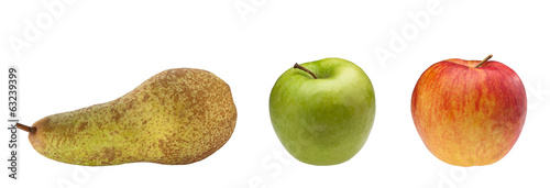 pear, green apple and red apple isolated on white background