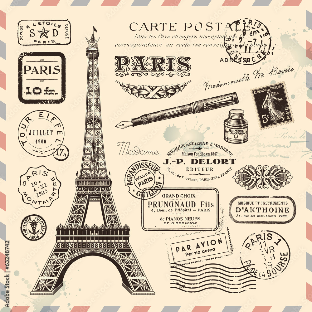 Naklejka premium Elementy projektu pocztowego Paryża