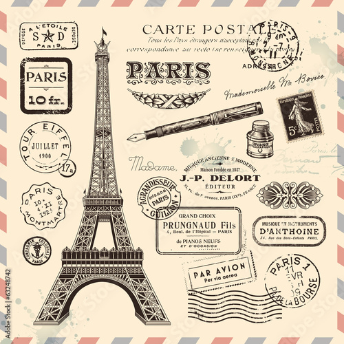 Carta da parati Parigi - Carta da parati Paris postage design elements