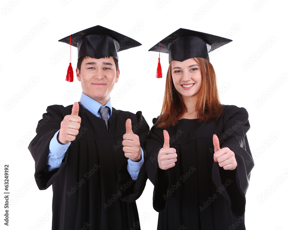 Two happy graduating students isolated on white Two happy graduating students isolated on white