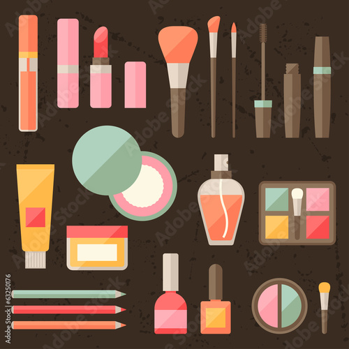 Set of colored cosmetics icons in flat style.