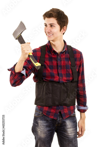 man with hatchet on a white background