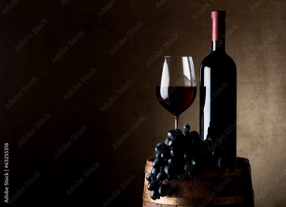 Juicy grape and wine with barrel