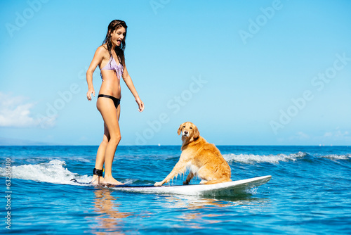 Photography Young Woman Surfing with Her Dog