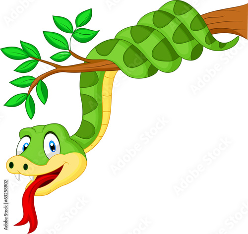 Cartoon green snake on branch