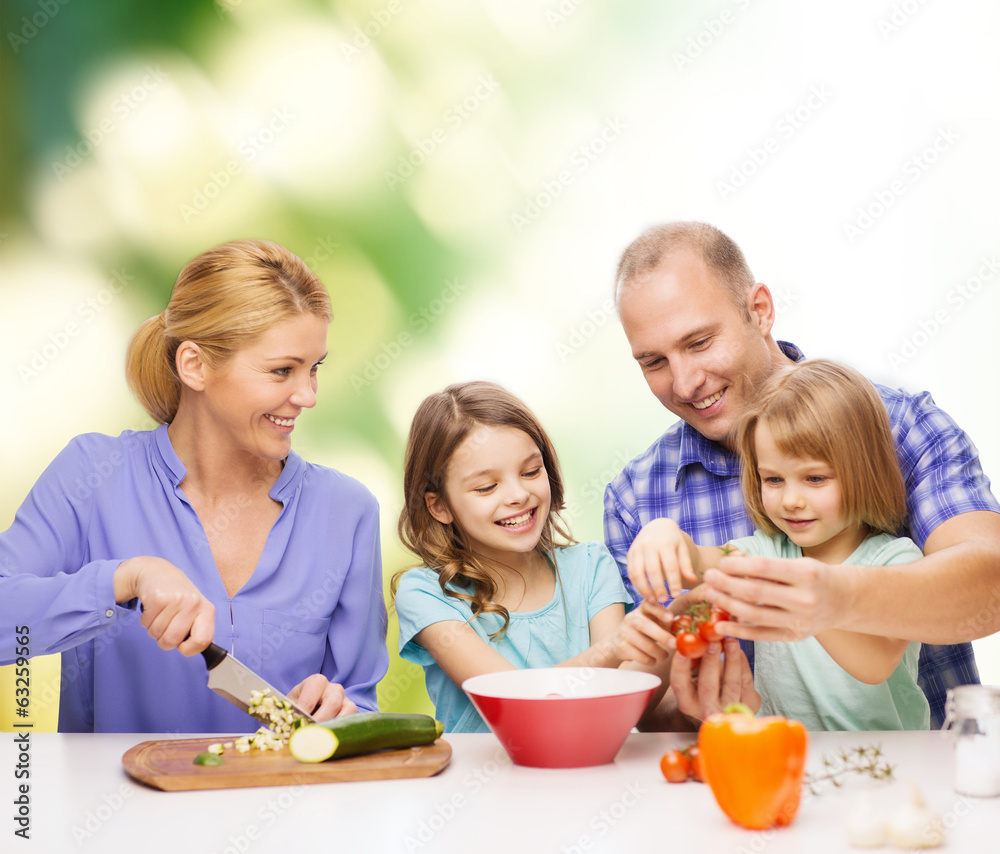 happy family with two kids making dinner at home happy family with two kids making dinner at home