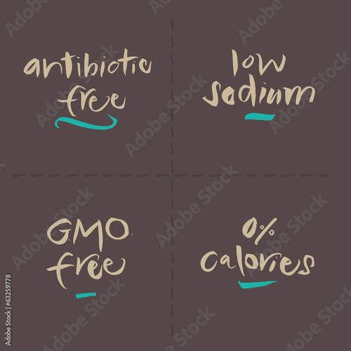 Hand written Vector Food Labels - Antibiotic Sodium GMO Calories