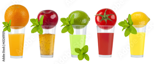Collage of fresh fruity juice on white background 