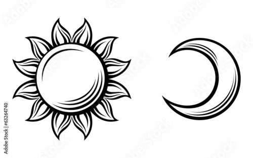 Black silhouettes of the sun and the moon. Vector illustration.